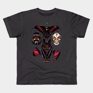 old school moth, bat, skulls and heart tattoo flash shirt Kids T-Shirt